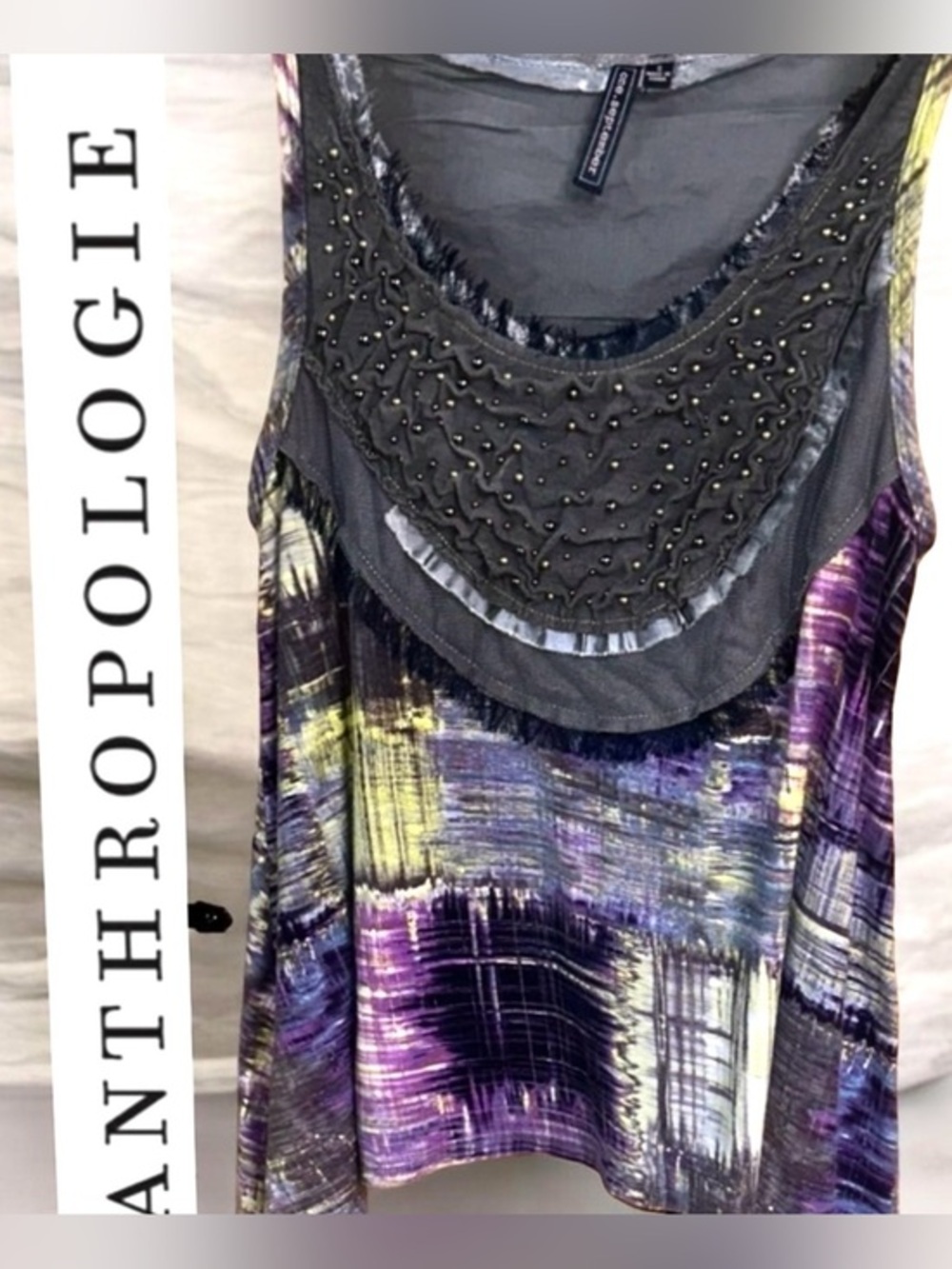 Anthropologie One September, Sleeveless Shirt, Beaded, Green, Gray Purple tank